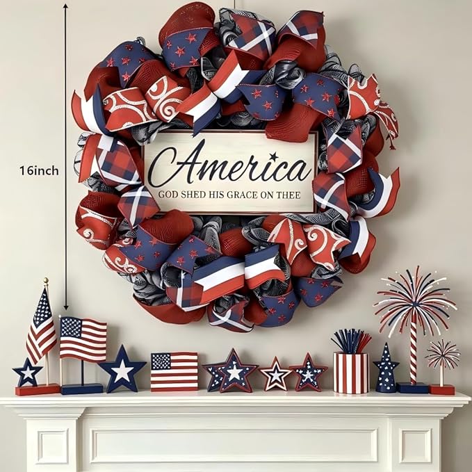 4th of July Decorations Outdoor Patriotic Wreaths for Front Door 250th Anniversary Decorations Red White and Blue American Flag Wreath (America 2)