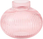 Pink Glass Vase for Tulips, Ribbed Glass Vase for Flowers, Round Flower Vases, Small Short Vases for Living Room, Office, Coffee Table, Shelf, Wedding, 6 Inches