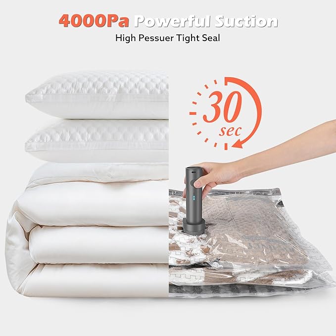 Travel Vacuum Bags with Wireless Charging Air Pump, 15 Pack Vacuum Seal Bags with 3 Sizes for Clothing Travel, Space Saver for Luggage, Business Trip, Home Storage