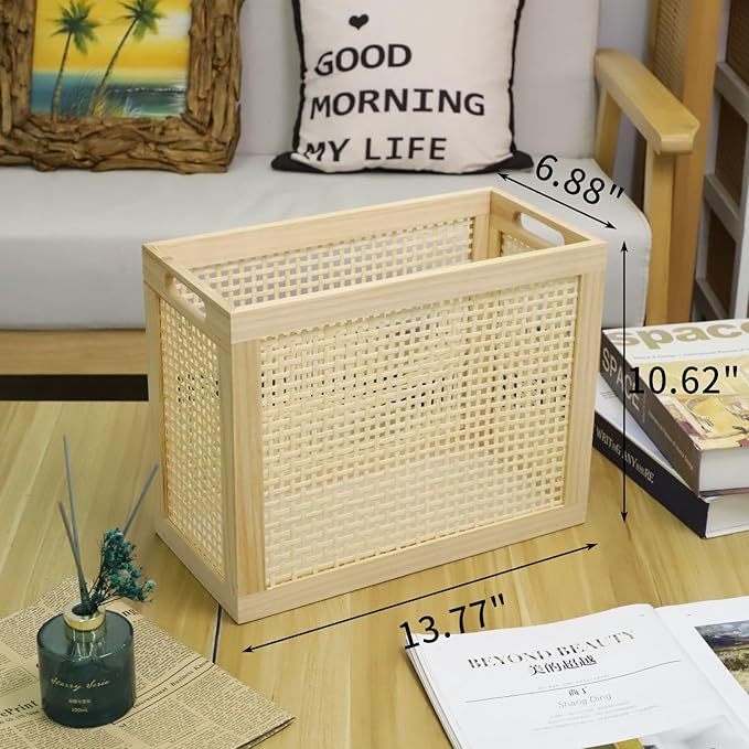 Wood Magazine Holder with Jute Rope Handles,Handcrafted Bamboo Toilet Roll Holder,Wicker Magazine Storage Organizer for Bathroom,Office and Desk -Rectangle- Natural- 15" D x 6.9" W x 11.8" H. (0.58)
