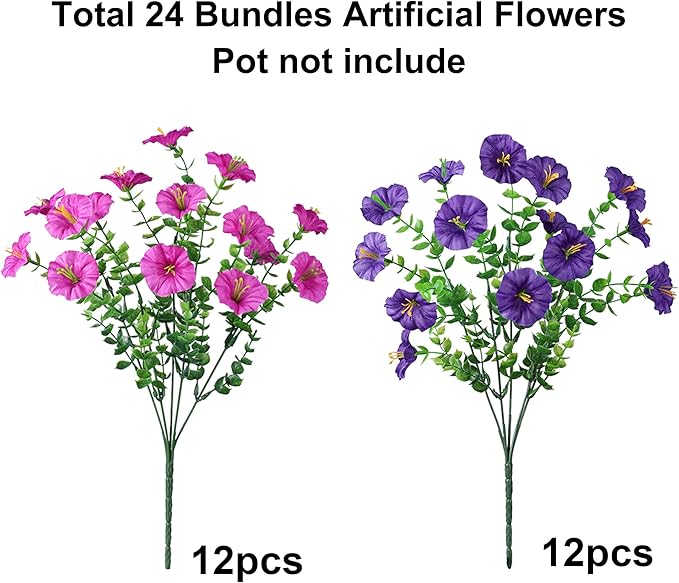 Ivydale 24 Bundles Artificial Flowers for Outdoors Spring Summer Porch Decor, Faux Petunias Plants Outdoor Realistic UV Resistant Silk Flowers for Outside Planters Patio Window Garden Yard Home