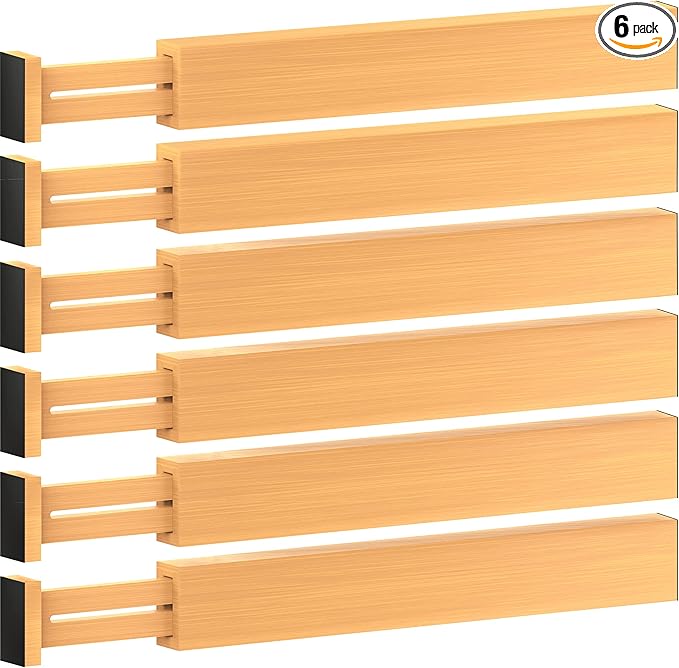 6 Pack Bamboo Drawer Dividers - 17" to 21.5" Expandable Adjustable Drawer Organizer for Kitchen Utensils, Large Kitchen Drawer Divider, Clothes, Dresser, Bedroom, Bathroom & Desk Drawer Separator Set