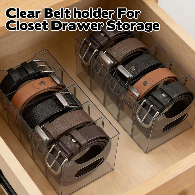 3 Pack Acrylic Belt Organizer Clear Stackable Belt Storage Holder Purse Organizer for Closet - 5 Compartments with Removable Dividers,Display Case Pantry Cabinet Organizers for Ties,Socks,Grey