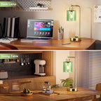 Innqoo Industrial Green Table Lamps for Bedrooms Set of 2-3-Way Dimmable Desk Lamp with USB C+A Ports and Outlet, Gold Lamps with Green Glass Shade for Living Room