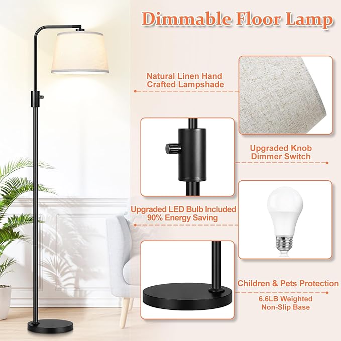 【Upgraded】 Dimmable Floor Lamp, 1000 Lumens LED Edison Bulb Included, Arc Floor Lamps for Living Room Modern Standing Lamp with Linen Shade, Tall Lamp for Bedroom Office Dining Room- Black