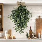 24 Inch Artificial Teardrop Swag Olive Wreath with Bow, Hanging Green Leaves Teardrop Door Wreath with Fruits, Faux Spring Greenery Wreath for Front Door Wall Farmhouse Decor