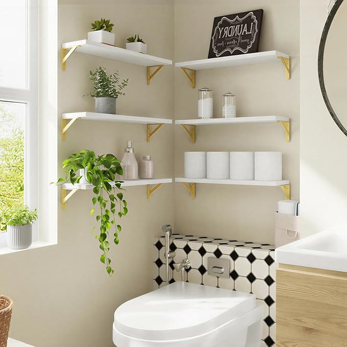 YGEOMER White Floating Shelves for Wall, Farmhouse 23.6 Inch Wall Shelves for Bedroom, Bathroom Storage, Living Room and Kitchen Decor (Set of 6 White)