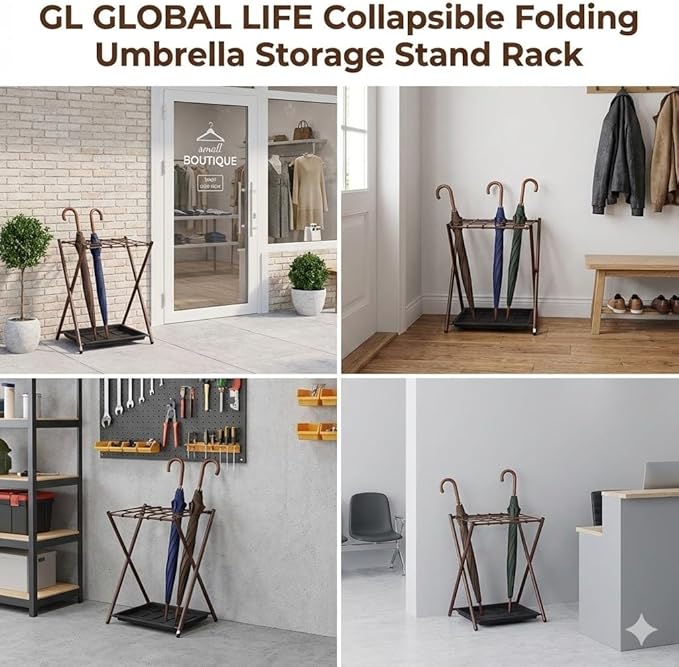 Folding Umbrella Storage Stand Rack Holder Organizer Bin for Entryway Home Commercial Office Décor with Drip Tray