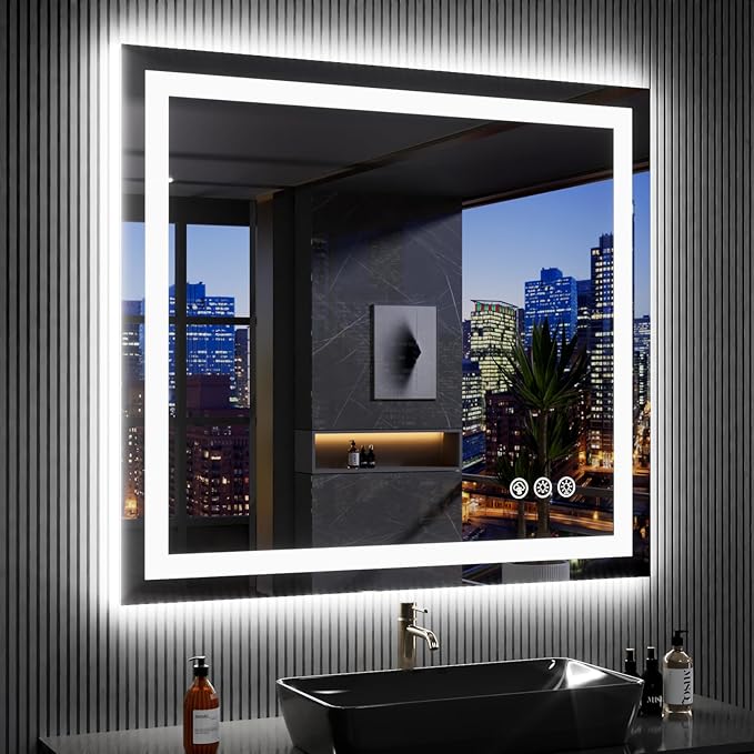 LOAAO 40"X36" LED Bathroom Mirror with Lights, Anti-Fog, Dimmable, RGB Backlit + Front Lighted, Bathroom Vanity Mirror for Wall, Memory Function, Waterproof, Tempered Glass
