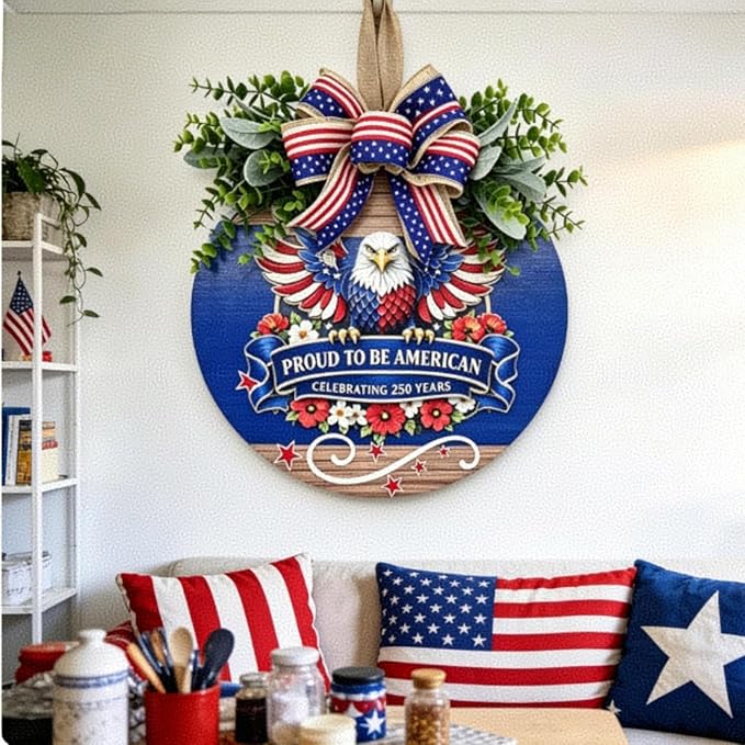 USA 250th Anniversary Patriotic Wreaths for Front Door, 4th of July & Memorial Day Outdoor Patriotic Decorations,12" Wooden Round Sign Decor for Porch, Wall, Window (Color-Proud)