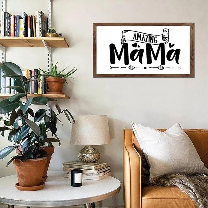 Family Lettering 12x22in Wood Sign with Positive Quotes Amazing Mama Apricot Frame Wooden Plaque Birthday Housewarming Gift for Cottage Shelf Garden Yard Farmhouse Porch Cafe Bar Wall Decor