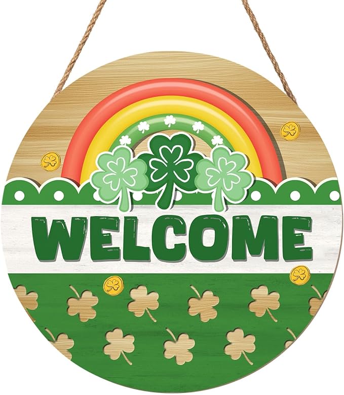 Happy St. Patrick's Day Rainbow Wooden Hanging Sign 12x12 Inch St. Patricks Day Welcome Shamrock Wreath Sign for Front Door Decor,Irish Spring Farmhouse Wood Wreath Indoor Wall Hanging Decoration