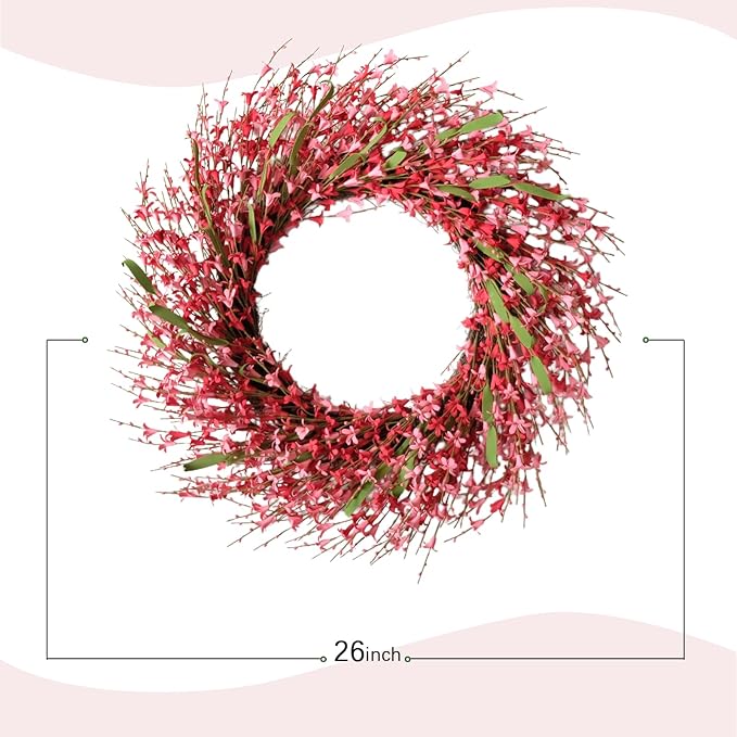 26 Inch Spring Wreaths for Front Door, Large Artificial Forsythia Flowers Wreath, Spring Summer Floral Wreath All Season for Home, Wall, Window, Porch, Wedding, Farmhouse Decor (Pink)