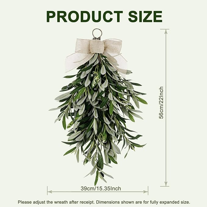 22" Artificial Olive Branch Swag, 1-Pack Realistic Greenery Swag with Olive Fruit/Green Leaves/Artificial Flowers, Seasonal Olive Branch Wreath for Front Door, Indoor & Outdoor Decor