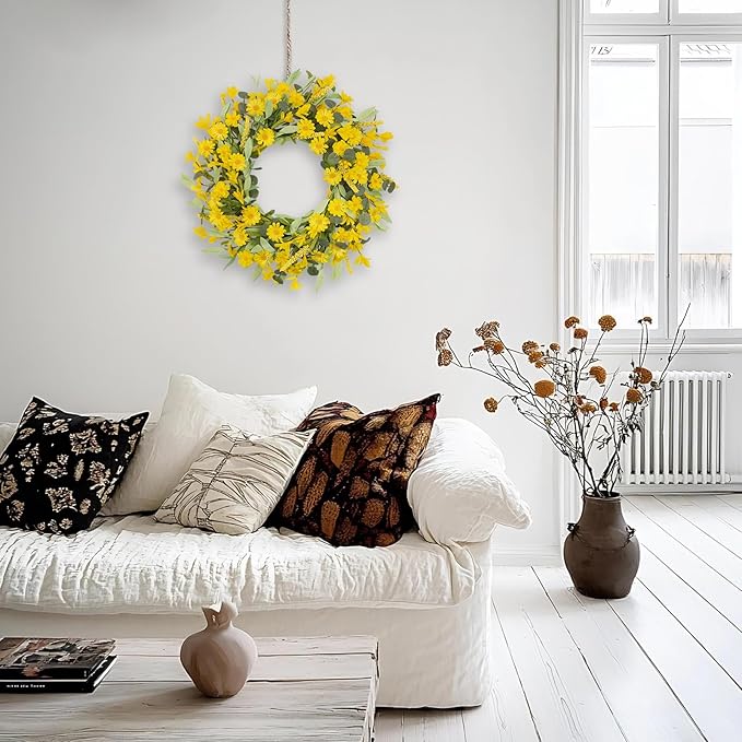 24 Inch Yellow Daisy Wreath, Artificial Spring Summer Wreath with Eucalyptus Leaves, Yellow Forsythia Flowers Front Door Wreath for Indoor Outdoor Home Farmhouse Wall Window Porch Decor