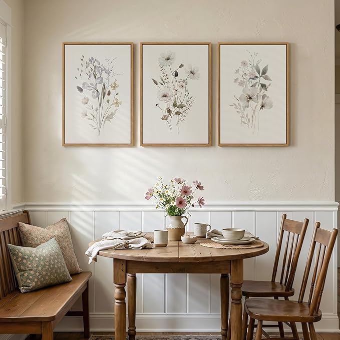 Framed Neutral Floral Botanical Wall Art Set of 3, Modern Farmhouse Flower Canvas Prints Paintings, Rustic Minimalist Wildflower Plant Pictures for Living Room Bedroom Hallway Wall Decor, 16x24 Inch