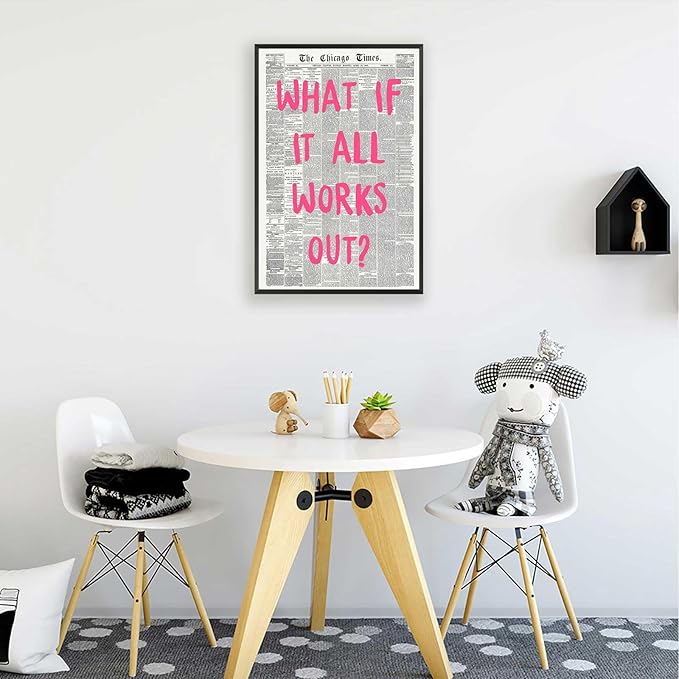 What If It All Works Out Poster Retro Newspaper Pink Font Canvas Wall Art Positive Affirming Quote Minimalist Prints Painting For Home Bedroom Dorm Wall Decor 12x16in Framed