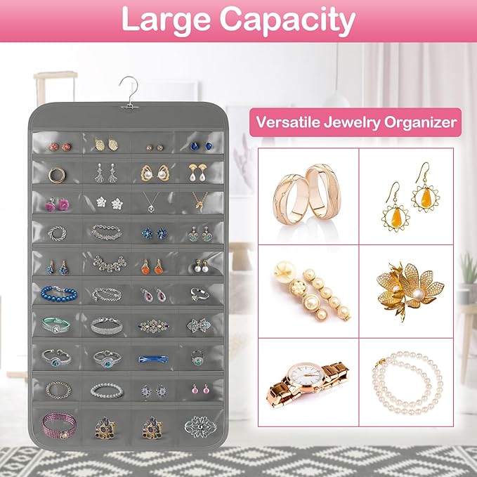 3 Pack Hanging Jewelry Organizer, 80 Clear Pockets earring organizer and storage, Accessories holder organizer for Closet, Jewelries, Necklace, Travel
