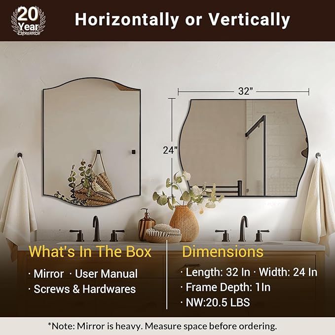 ANDY STAR Scalloped Bathroom Mirror，24"x32" Black Rectangle Wall Mirror with Curved Edge Stainless Steel Metal Frame, Irregular Vanity Wall-Mounted Mirror for Bathroom, Entryway