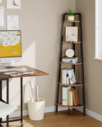 CHOEZON Corner Shelf, 5-Tier Ladder Corner Shelf, Ladder Bookshelf, 59.6" Tall Vertical Display Stand, Metal Frame Bookshelf, for Living Room, Bedroom, Kitchen, Rustic Brown and Black TCJ20BF