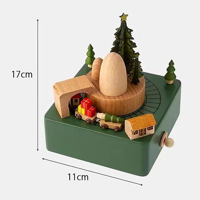Natural Solid Wood Handcrafted Beech Wooden, Musical FigureTotoro/Carousel/Fairy/Ballerina Figurine,Rotating Hand Crank Mechanism Music Box,Musical Decorations (Green Christmas Train)
