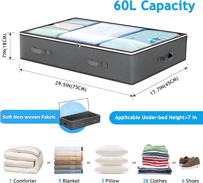 Budding Joy 60L Under Bed Storage Containers, Storage Bins with Clear Lids, Foldable Closet Organizers Storage Bags for Bed Sheets, Clothes, Blankets, Shoes, Comforter, Sweaters, Wrapping Paper