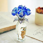 H&D HYALINE & DORA Blue Crystal Rose Flower Paperweight,Glass Flower Gifts for Women Girl Wife,Crystal Flowers Bouquet Collectible for Christmas Day Wedding Anniversary