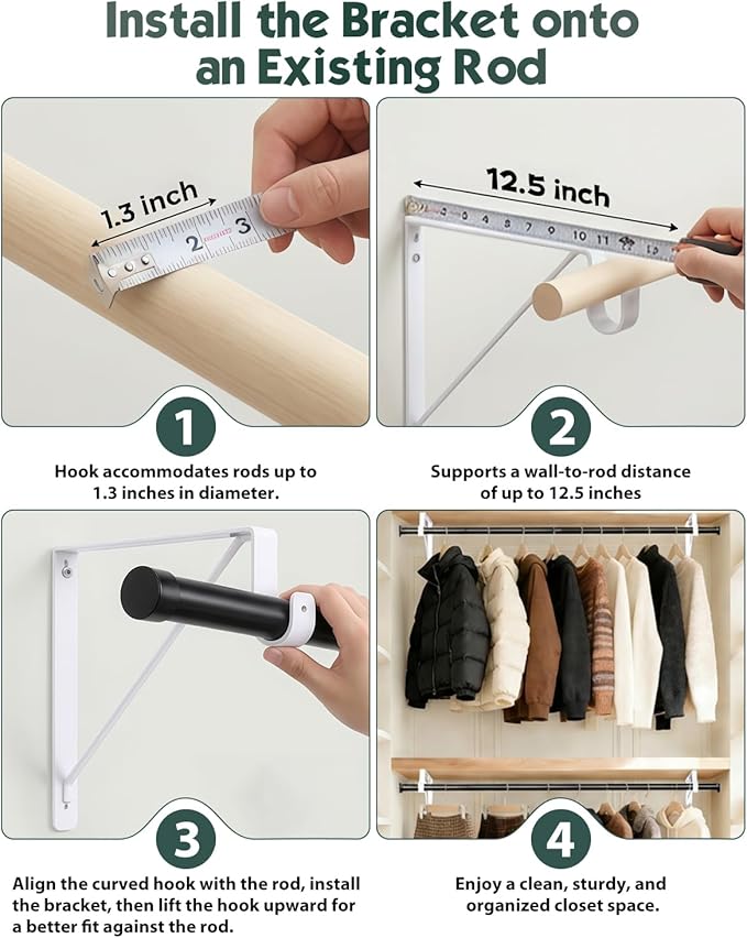 4 Pack Closet Rod Bracket, Heavy Duty Closet Rod Support with Rod Holder, Wall Mounted Closet Shelf Brackets with Triangle Stabilizing Design for Closet, Bathroom and Kitchen, White