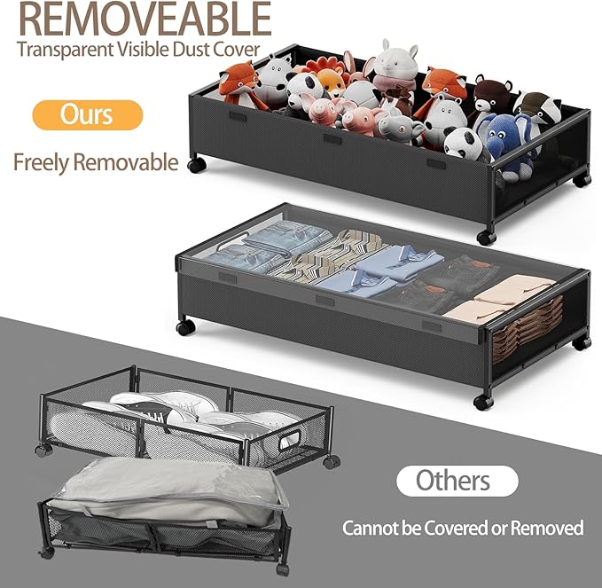 KITHELP Under Bed Storage with Wheels,2 Pack Under Bed Shoe Storage, Under the Bed Storage Drawers with Remove Window, Extra Large Rolling Under Bed Storage Metal Drawer for Clothes (Black-2 pack)