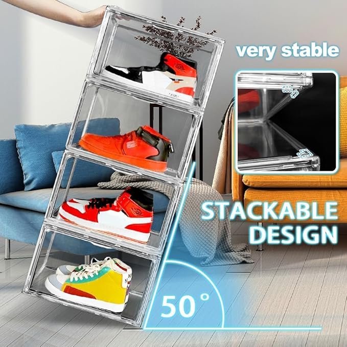 Size 14 Acrylic Sneaker Shoe Display Case, Transparent Shoe Box Storage Bins Clear Plastic Stackable Boot Handbag Organizer Containers with Lids for Shoes, Figure, Collectible, Purse, 1Pack