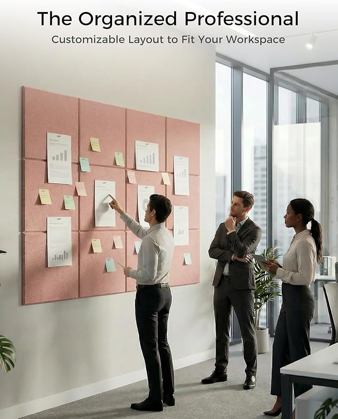 Aothia 12-Pack Felt Bulletin Board Tiles for Walls - 48x36 Modular Bulletin Board, Cork Board Alternative Pin Board for Office & Classroom, 70 Adhesive Tabs & 40 Push Pins Included (Pink)