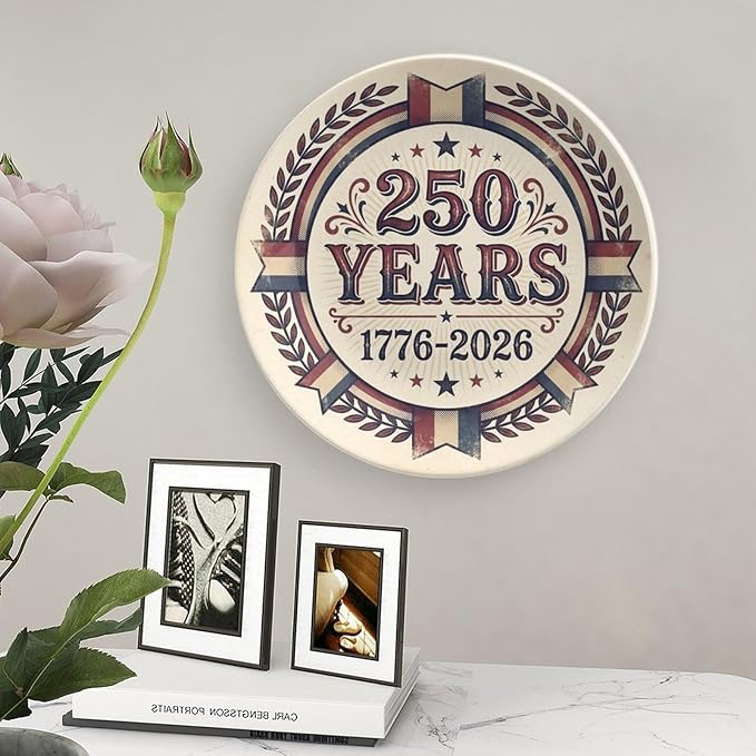 250th Anniversary Decorative Plates 8 Inch Vintage Patriotic Decorations Commemorative Plates with Stand Independence Day 4th of July Semiquincentennial Home & Office Decor