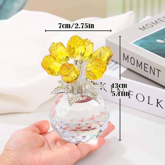 Arikyrist Crystal Yellow Rose Bouquet Figurine with Round Vase Gifts for Her, Glass Rose Flower Romantic Keepsakes for Women Mom on Christmas, Collectible Decoration Table Centerpiece for Home