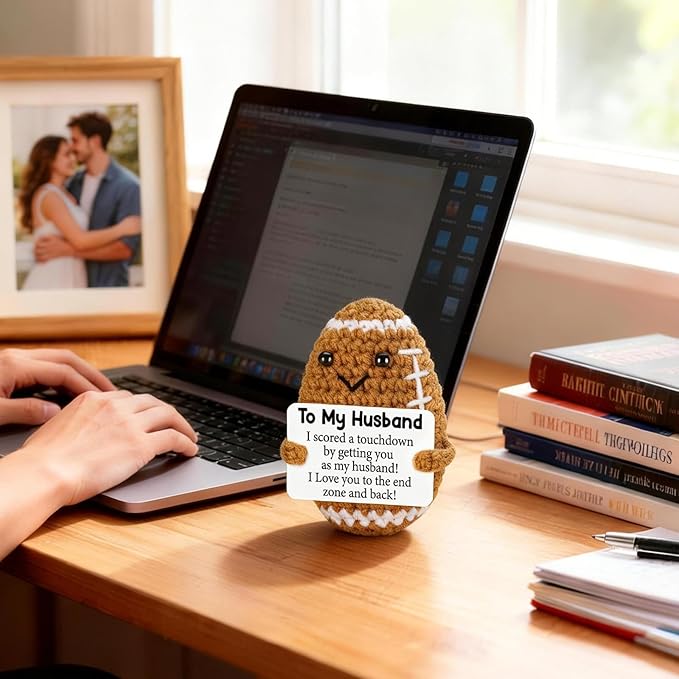 Belatelove Fathers Day Birthday Gifts for Husband from Wife, Handmade Crochet Football with Inspirational Card, I Love You Wedding for Husband Desk Decor