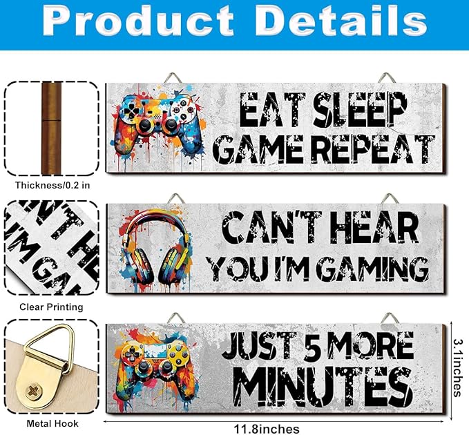 Hatzelou 3Pcs Game Wall Art Wooden Sign, Little Man Cave Sign Hanging, Game Hanging Wall Art Decor Sign, Gamer Wall Plaques Decor for Boys Kids Bedroom Playroom Nursery