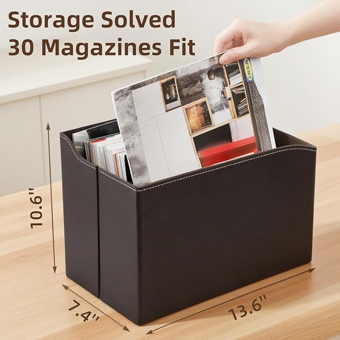 WRINGKIT Leather Magazine File Holder, Foldable Magazine Basket with Handles, Stable Brown Magazines Rack Floor, Document File Folder Organizer Box, Books Newspaper Storage Bin for Office Home School