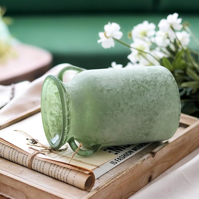 Glass Flower Vase with Handle – 8 Inches Rustic Imitation Ceramic Vase for Flowers, Vintage White Green Centerpiece Decor for Farmhouse, Modern Home, Table & Holiday Decorations