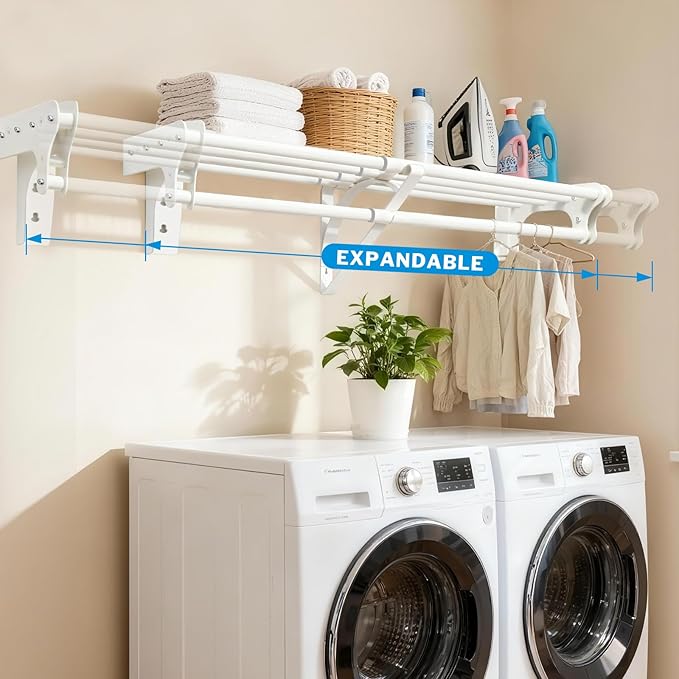 Steel Closet Shelf with Hanging Rod, Back Wall & Side Wall Mounted, 52-95'' Expandable White Closet Shelves, Heavy Duty Storage Rack Holds 220 lbs, Adjustable DIY Closet Rod Divider Separator