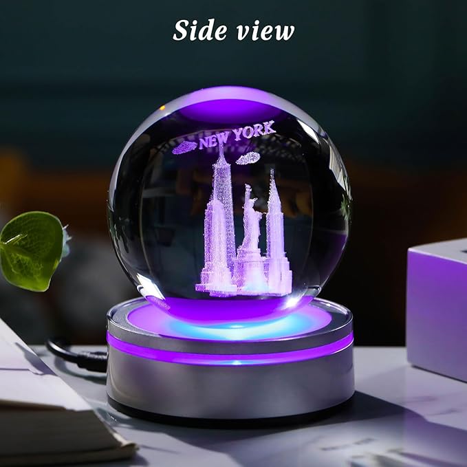 Movdyka 3D Crystal Ball Statue of Liberty New York Souvenirs Gifts for Women Men Snow Globe Night Light, Laser Engraved Empire State Building Figurine Home Room Decor Glass Art Crafts