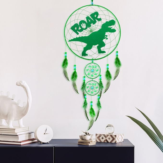 Dinosaur Dream Catcher Kit for Kids Dino Feather Dreamcatcher Dinosaur Wall Hanging Decor with Triple Ring DIY Feather Dream Catcher Gifts for Home Nursery Boys Girls Toddler Baby Room Bedroom Decor