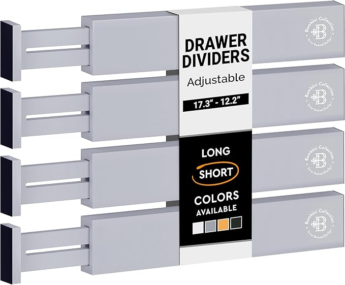 Bambüsi 4-Pack Bamboo Drawer Dividers - 2.6" High, 12.5"-17" Adjustable Drawer Organizers for Clothes, Expandable Dresser Separators in Bedroom/Bathroom/Kitchen/Office Organization and Storage (Grey)