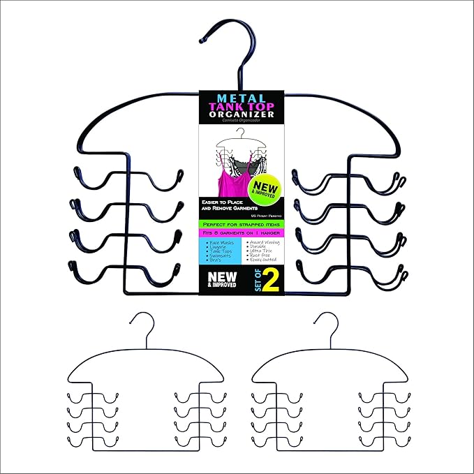 Tank Top Closet Organizer Hangers 2-Pc Set by Dr. Organizer – Black Steel, USA Patented – Space-Saving Multi-Hanger Holds 8 Garments – Rust-Resistant, Ultra-Thin, Durable for Closet & Laundry