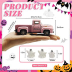 Halloween Decorations - Mini Cute Farmhouse Style Halloween Metal Truck Decor with 3 Removable Mini Ghost Ornaments for Tabletop, Tiered Tray, Shelf, Fireplace and Home Indoor Décor(Halloween-Pink)