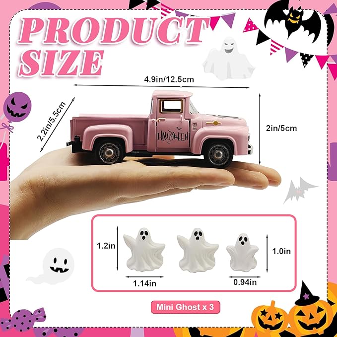 Halloween Decorations - Mini Cute Farmhouse Style Halloween Metal Truck Decor with 3 Removable Mini Ghost Ornaments for Tabletop, Tiered Tray, Shelf, Fireplace and Home Indoor Décor(Halloween-Pink)