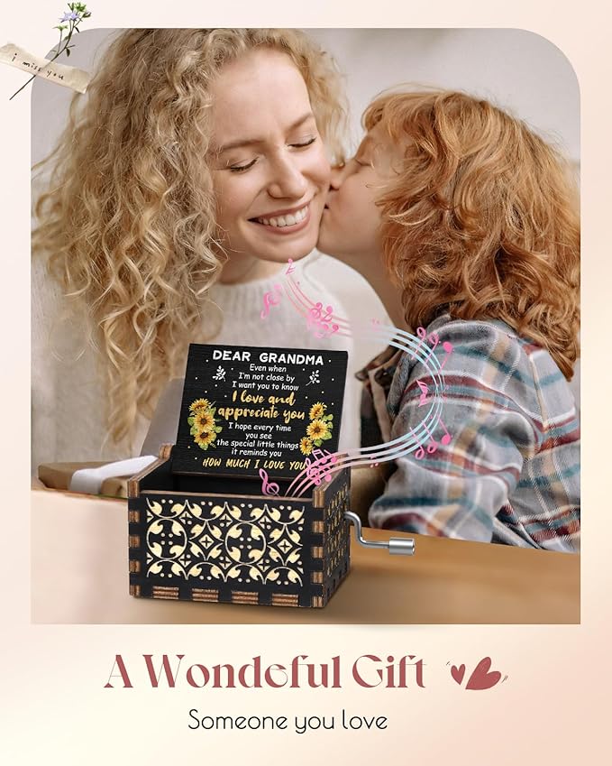 Swooflia Mother's Day Wooden Music Box for Grandma with Sunflower Greeting Card- Hand Crank Engraved Musical Box Vintage Mechanism Personalized Gifts for Mom On Birthday