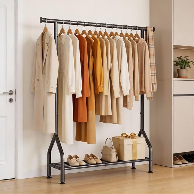 EAGMAK Sturdy Clothing Rack with Shelf, Metal Garment Rack with Leveling Feet for Hanging Clothes, Freestanding Clothes Rack for Bedroom, Apartment & Small Spaces, Black