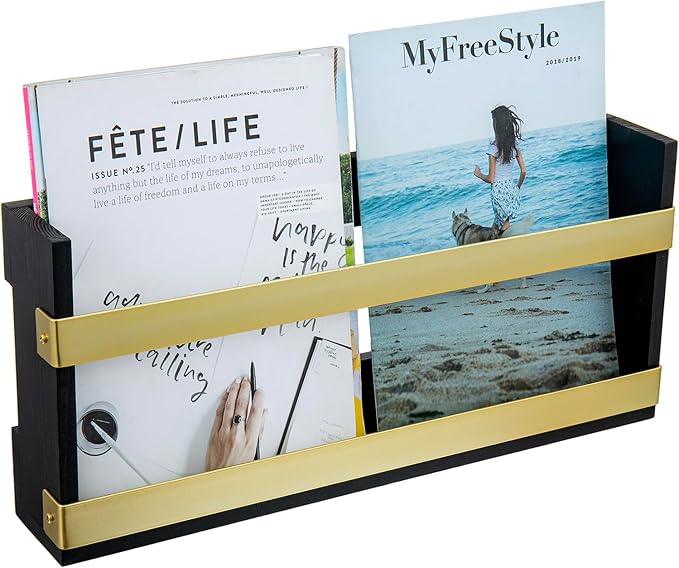 MyGift Black Solid Wood and Brass Metal Magazine Display Rack, Wall Mountable Double Wide Book Holder or Standing Organizer