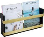 MyGift Black Solid Wood and Brass Metal Magazine Display Rack, Wall Mountable Double Wide Book Holder or Standing Organizer