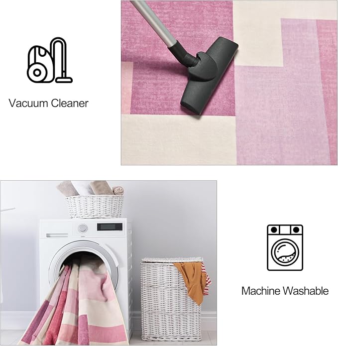 FlyDOIT Modern Geometric Patchwork Area Rug, 8x10 Pink Large Rugs for Living Room, Rockwood Collection Indoor Rugs for Bedroom, Throw Carpet Floor Decor for Entryway Dining Room Office Nursery
