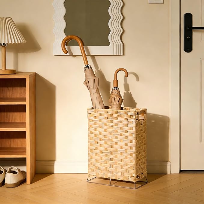 Rattan Umbrella Stand with Built-in Water Reservoir & Hooks, Hand Woven Umbrella Rack Organizer Freestanding - Stable, High-Capacity Organizer for Home and Office - 11.8" L x 5.5" W x 16.5" H